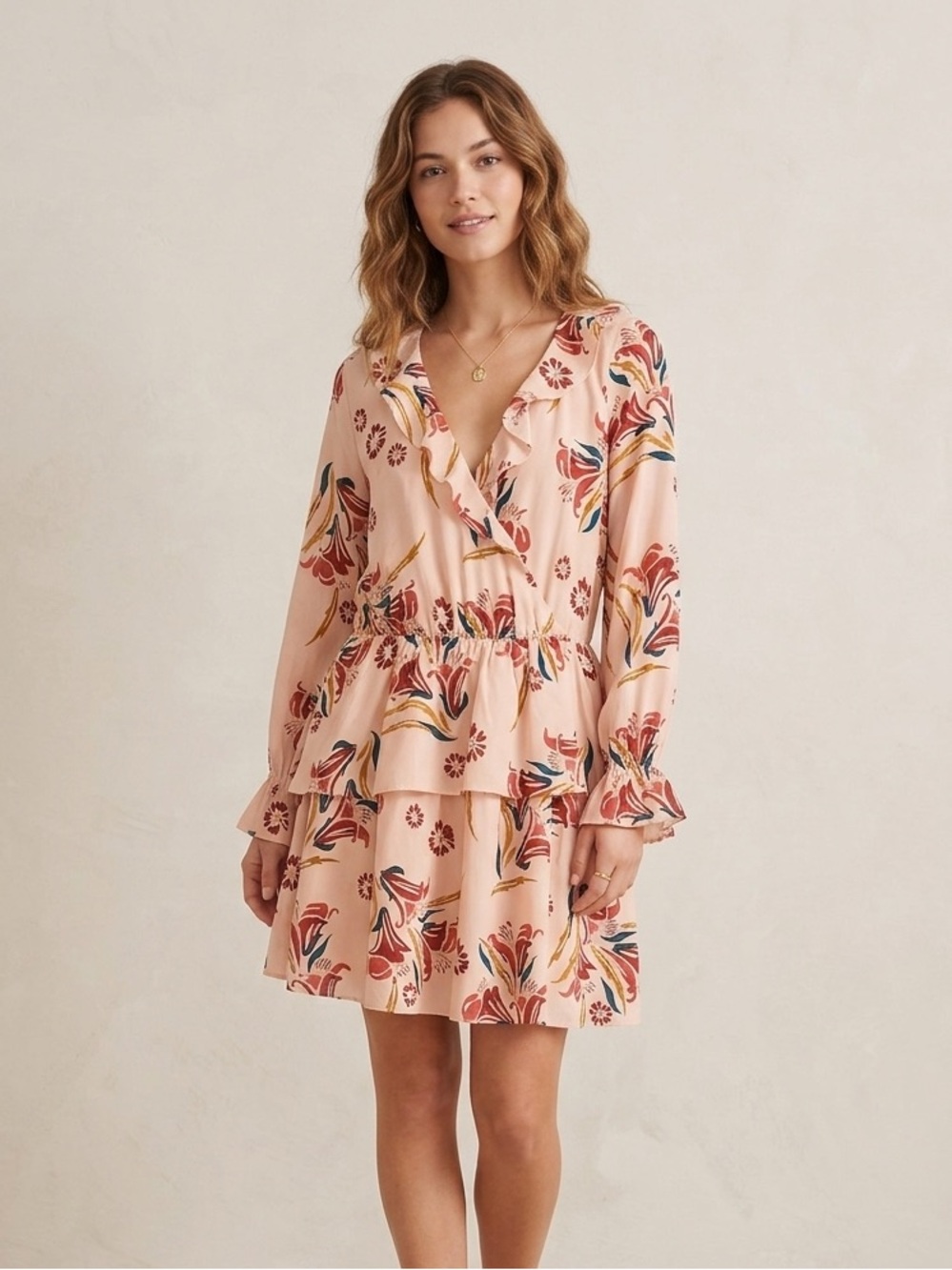 NWT Joie Sz L 100% Silk Pink Floral Cottagecore Ruffle Mini Dress